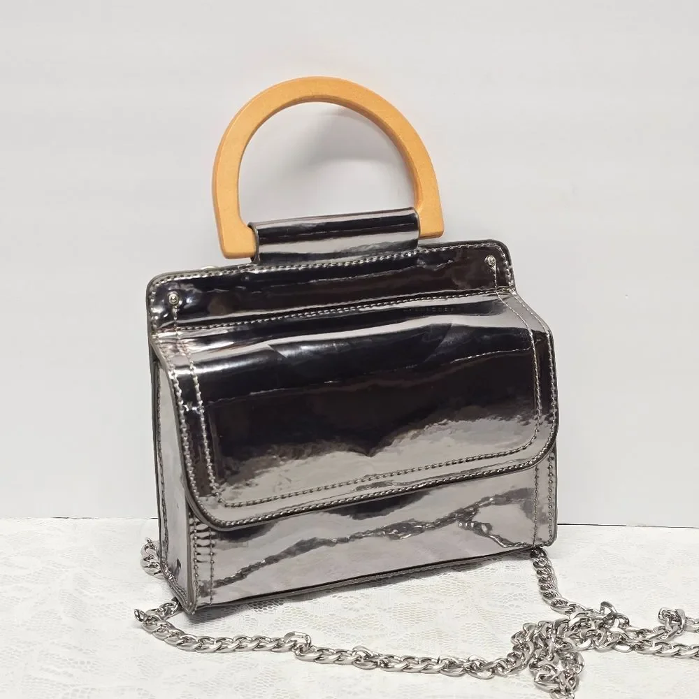 Abbie & Emmie Silver Faux Leather Wooden Handle Satchel With Shoulder Chain